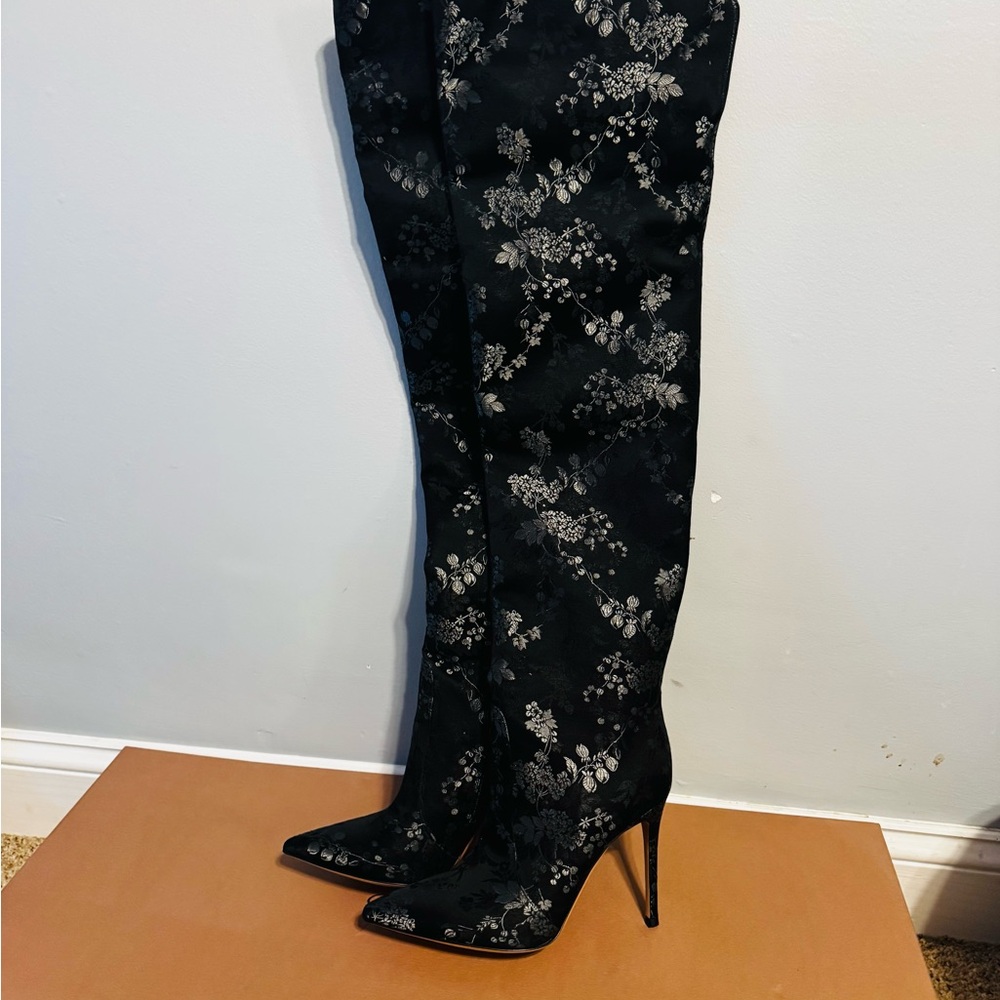 Gianvito Rossi Black and Silver Patterned Over-the-Knee Boots